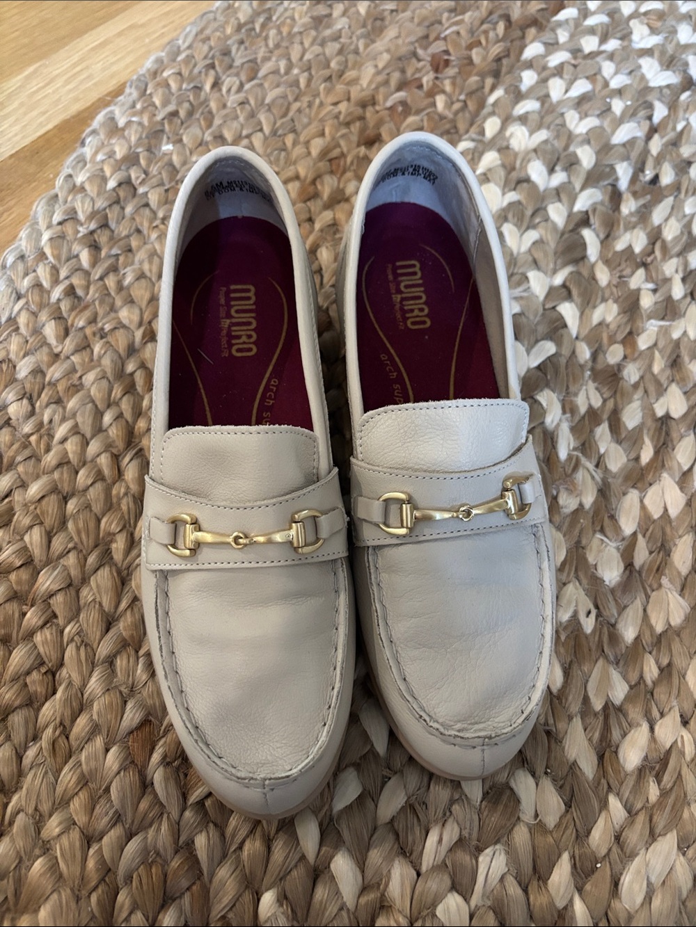 Munro Women’s Ivory Leather Bit Loafers with Gold Hardware